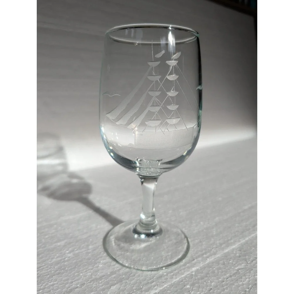 PAIR JAVIT Clipper Collection Etched Glass Sail Ship‎ Wine Glass 10 oz VTG 6.5